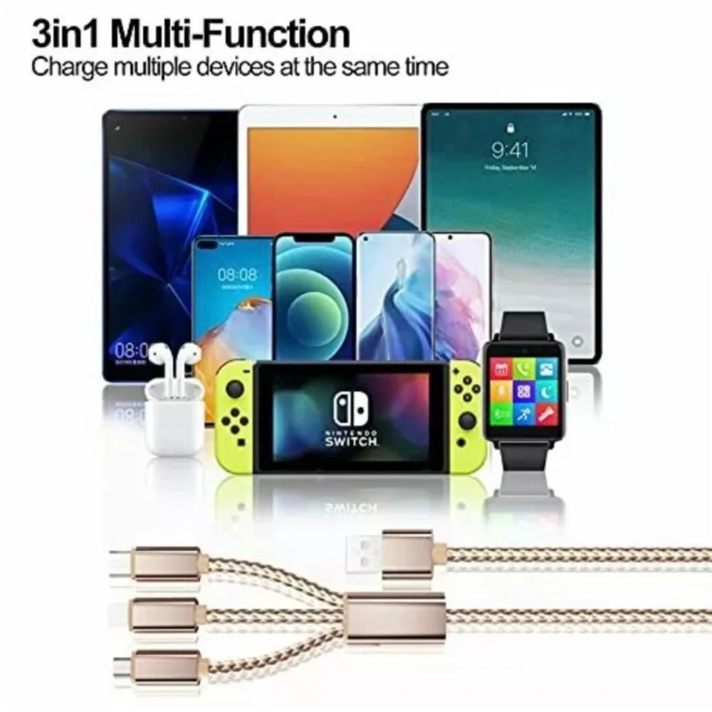 2 Pcs / 1 USB-A adapter + 1 cable 3 in 1 iphone,samsung,Android - 5 color diff.